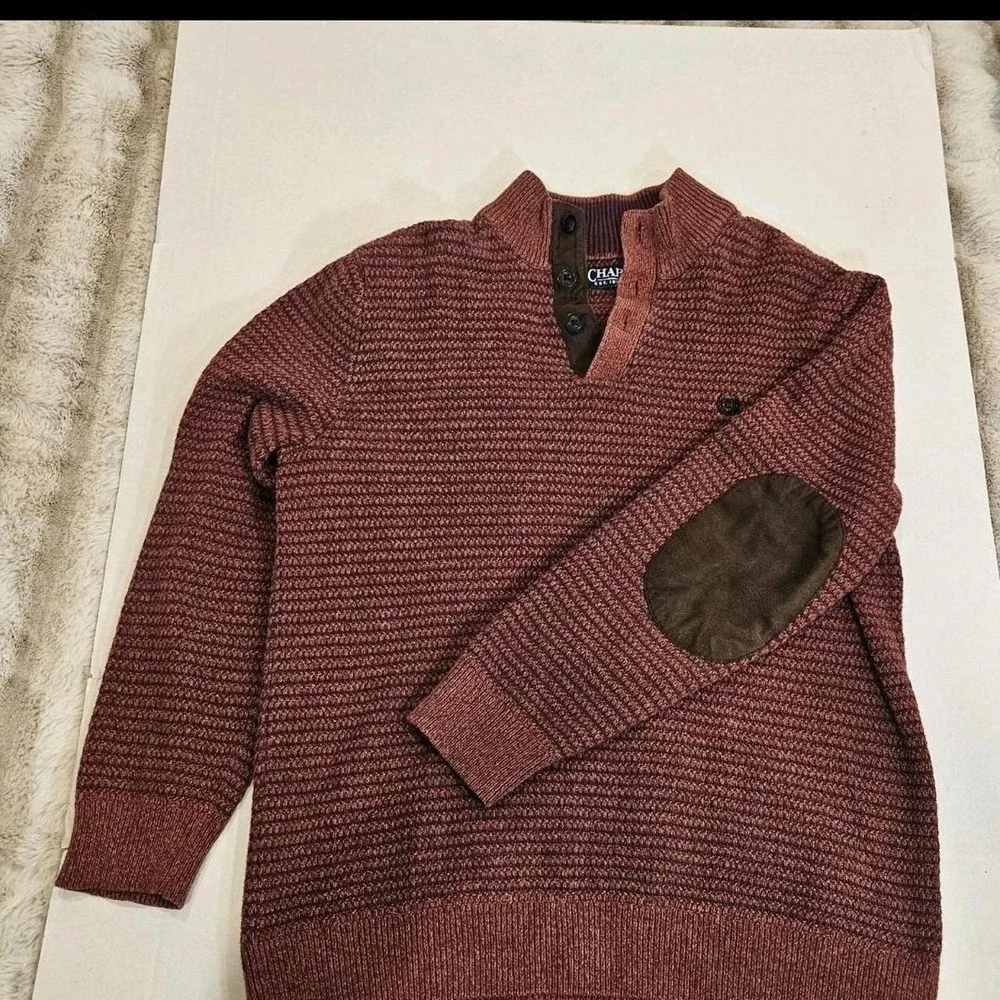 VTG Chaps Preppy 3 Button Mock Neck Sweater Burgundy W/ Elbow Patches Mens M